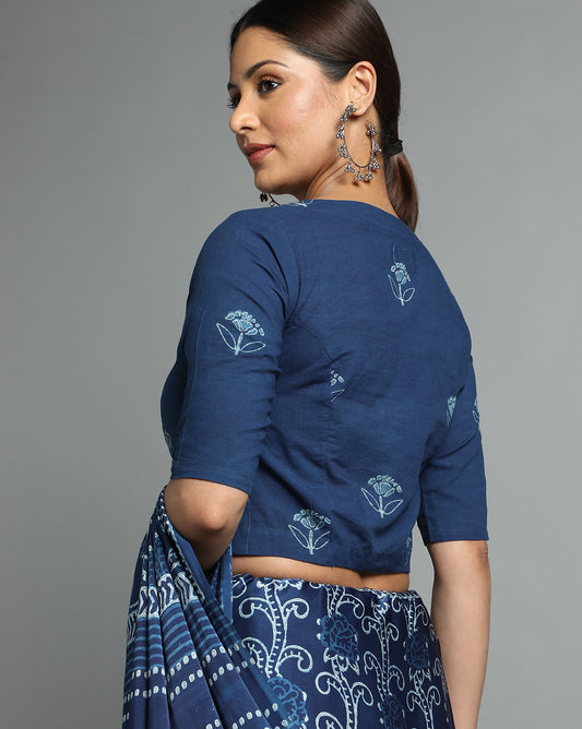 Indigo Dyed Dabu Printed Full Sleeve Blouse