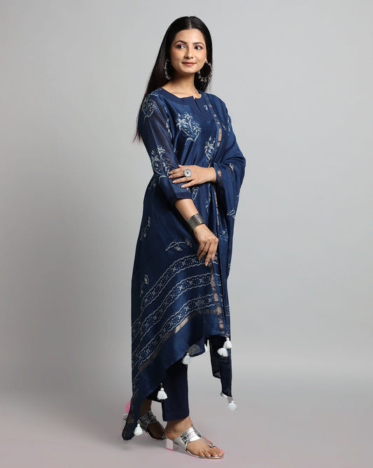 Indigo Dyed Dabu Hand Block Printed Chanderi Silk Duppatta