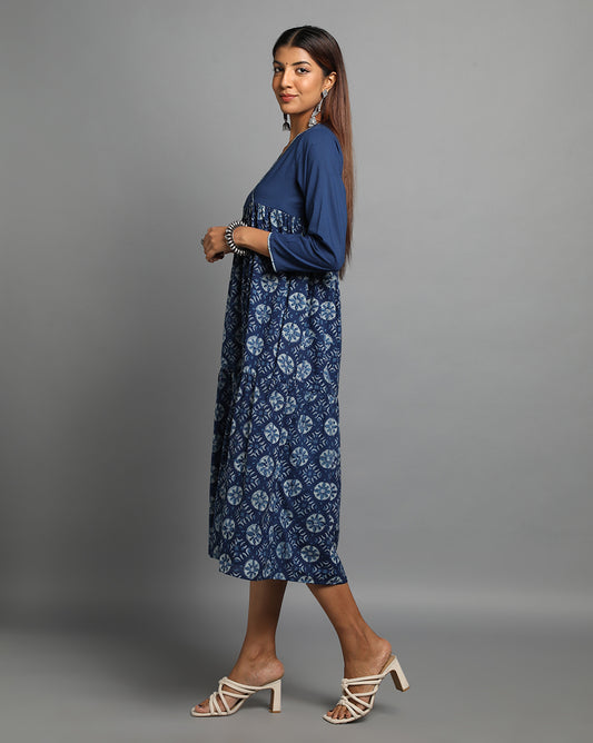 Indigo Dyed Dabu Printed Flower Zaal Angrakha Dress