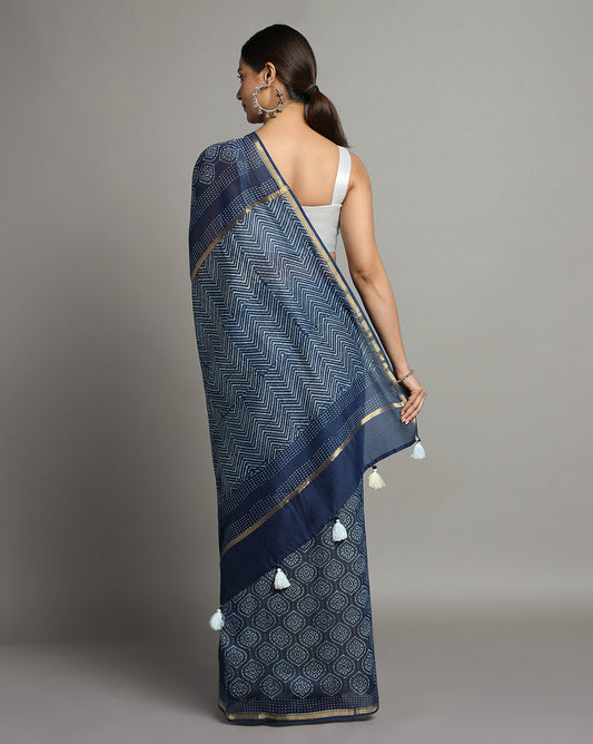 Natural Indigo Dyed Dabu Hand Block Printed Chanderi Saree