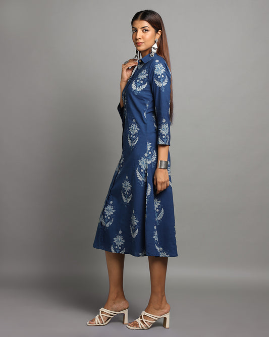 Indigo Dyed Dabu Printed Bada Butta Long Dress