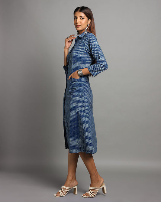 Indigo Dyed Dabu Printed Lehar Long Dress