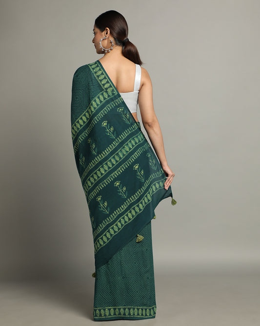 Natural Indigo Dyed Dabu Hand Block Printed Cotton Saree