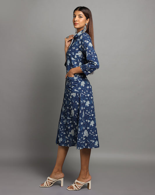 Indigo Dyed Dabu Printed Parizaal Long Dress