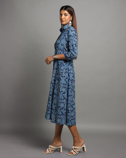 Indigo Dyed Dabu Printed Gad Flower Long Dress