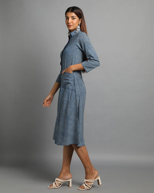Indigo Dyed Dabu Printed Chex Long Dress