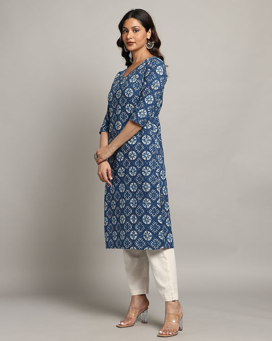 Indigo Dyed Dabu Printed Cotton Long Kurta