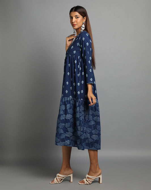 Indigo Dyed Dabu Printed Flower Zaal Angrakha Dress