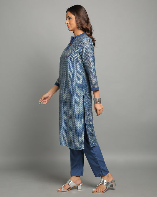 Indigo Dyed Dabu Printed Chanderi Lehar Long Kurta