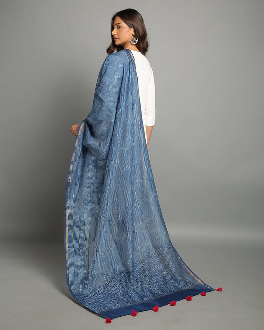 Indigo Dyed Dabu Hand Block Printed Chanderi Silk Duppatta