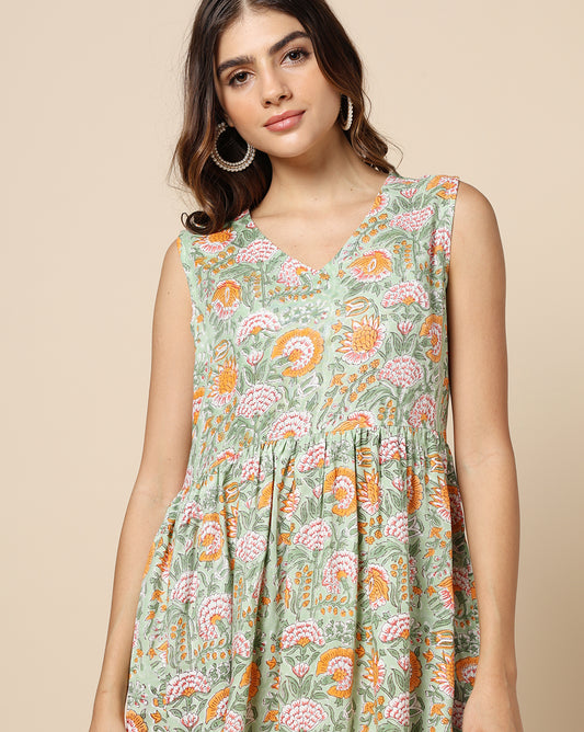Hand Block Printed Short Sleeveless Dress