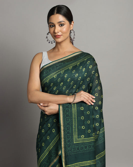 Natural Indigo Dyed Dabu Hand Block Printed Chanderi Saree