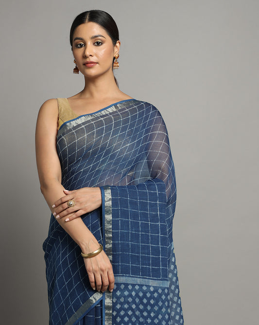 Natural Indigo Dyed Dabu Hand Block Printed Kota Doriya Saree