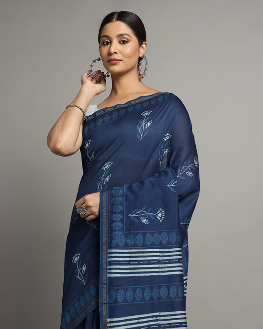 Natural Indigo Dyed Dabu Hand Block Printed Chanderi Saree
