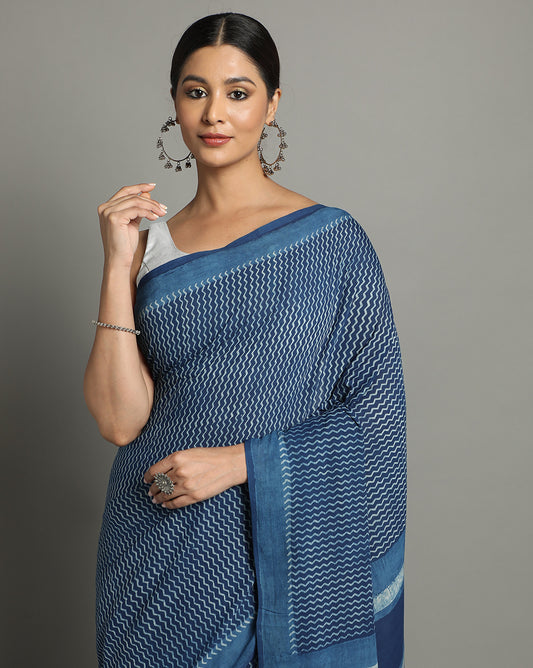 Natural Indigo Dyed Dabu Hand Block Printed Cotton Saree