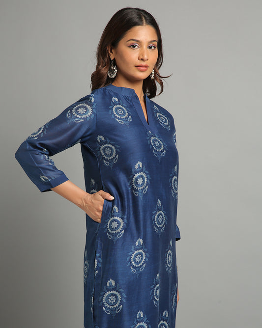Indigo Dyed Dabu Printed Butta Chanderi Long Kurta