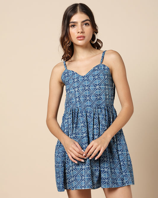 Natural Indigo Dyed Dabu Geometrical Hand Block Printed Skater Dress