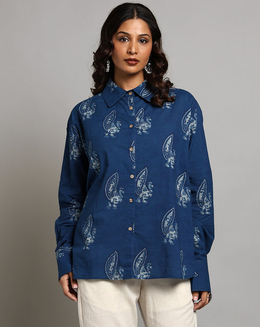 Indigo Dyed and Dabu Printed Shirt