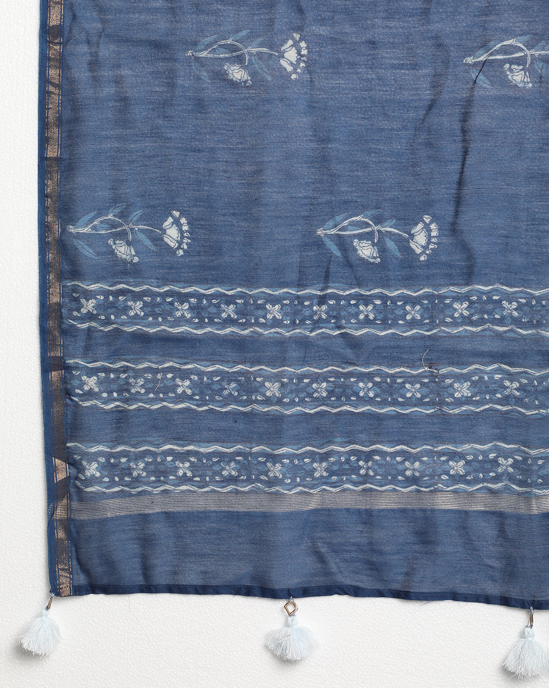 Indigo Dyed Dabu Hand Block Printed Chanderi Silk Duppatta