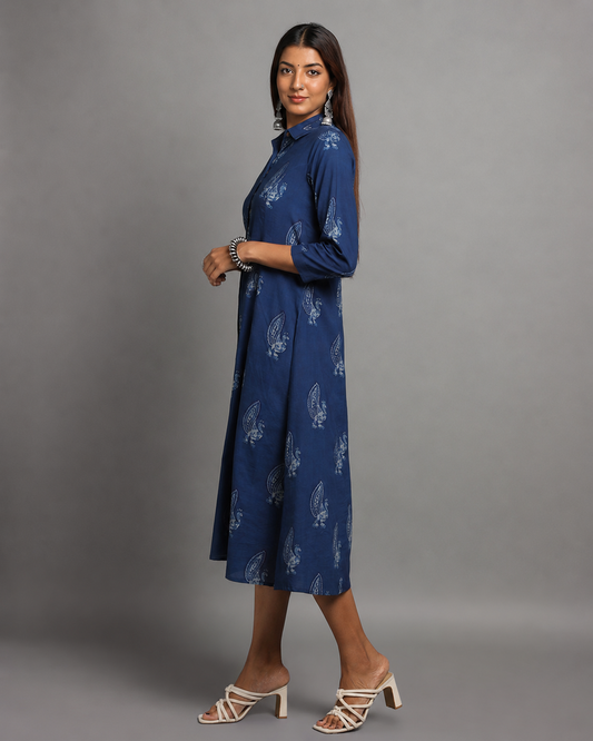Indigo Dyed Dabu Printed Peacock Long Dress
