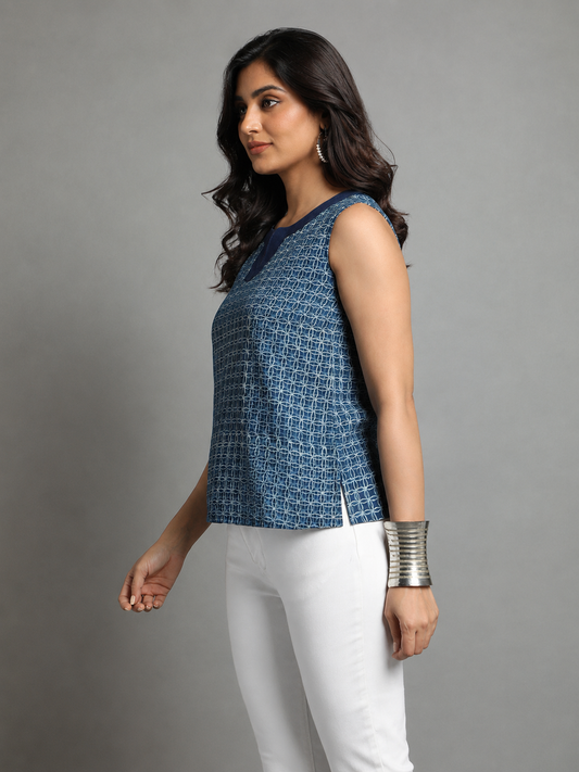 Indigo Dyed Dabu Printed Ring Flat Neck Top