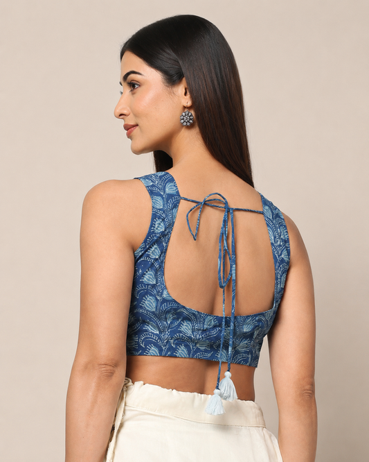 Indigo Dyed Dabu Printed Sleeveless Blouse