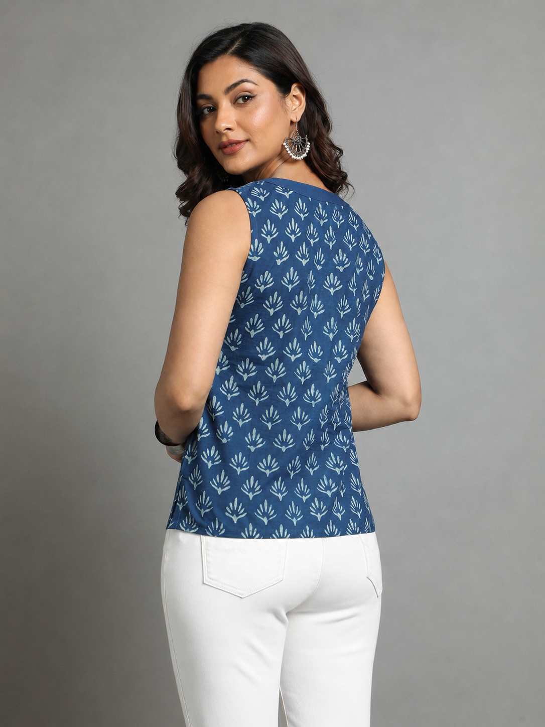Indigo Dyed Dabu Printed Ghas Flat Neck Top