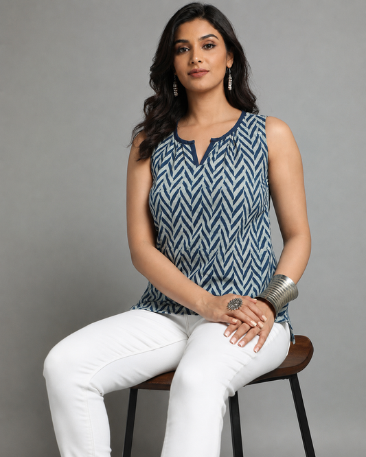 Indigo Dyed Dabu Printed Flower Zaal Pintuk Top