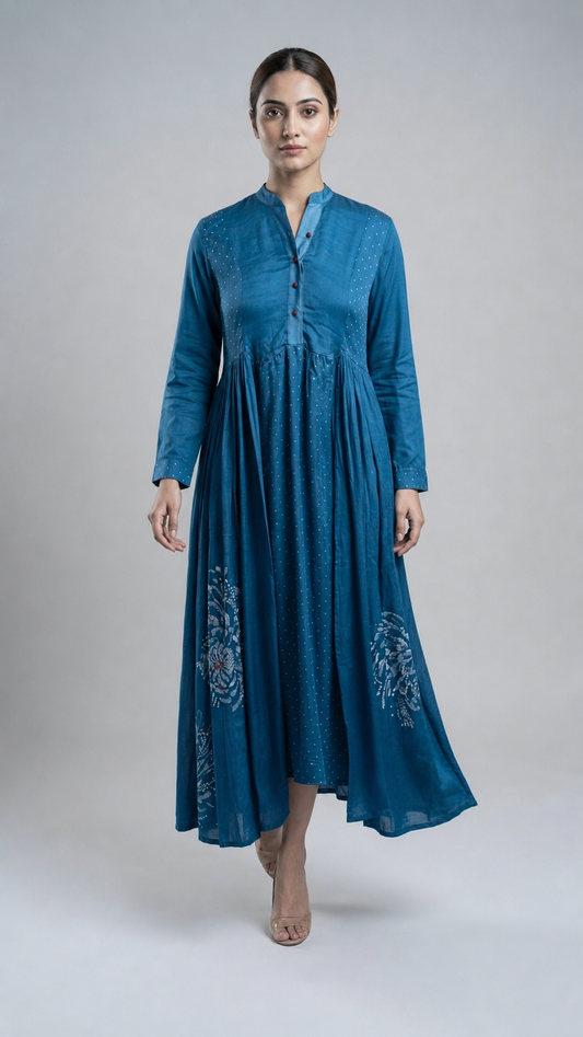 Imari Painting Inspired Indigo Dyed Dabu Hand Block Printed Modal Silk Kali Dress