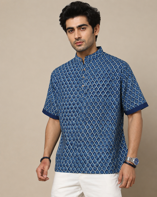 Men's Dabu Printed Indigo Dyed Short Kurta