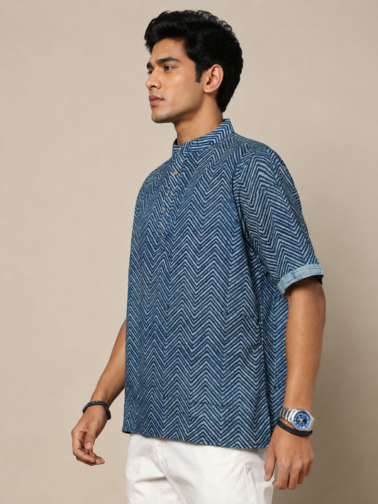 Men's Dabu Printed Indigo Dyed Short Kurta