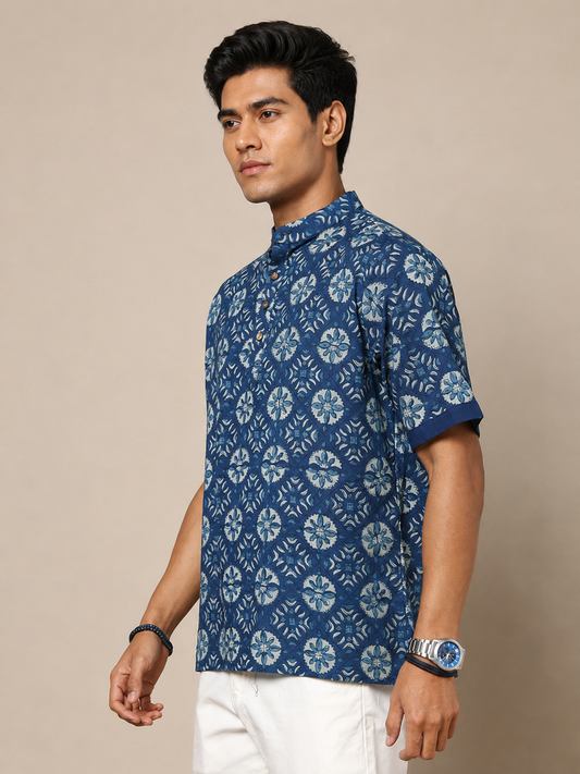 Men's Dabu Printed Indigo Dyed Short Kurta