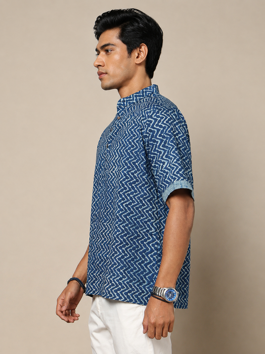 Men's Dabu Printed Indigo Dyed Short Kurta
