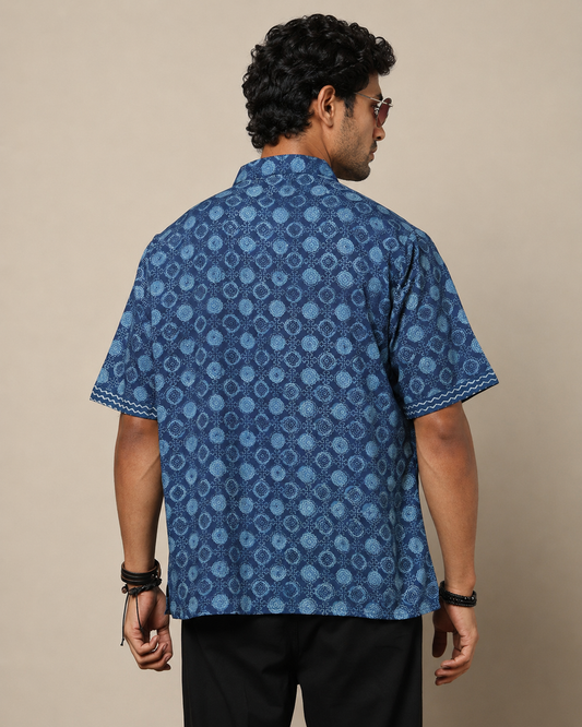 Men's Dabu Printed Indigo Dyed Short Kurta