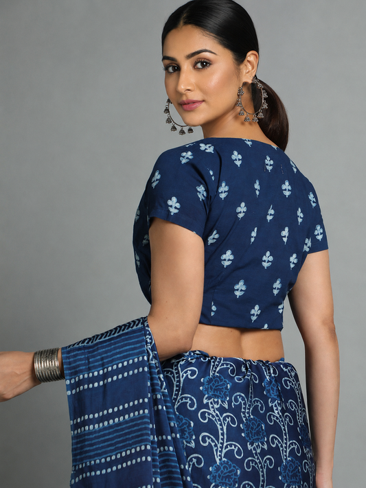 Indigo Dyed Dabu Printed Short Sleeve Blouse