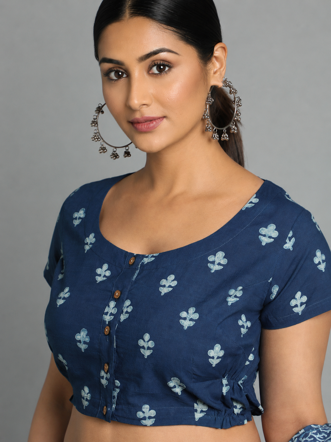 Indigo Dyed Dabu Printed Short Sleeve Blouse