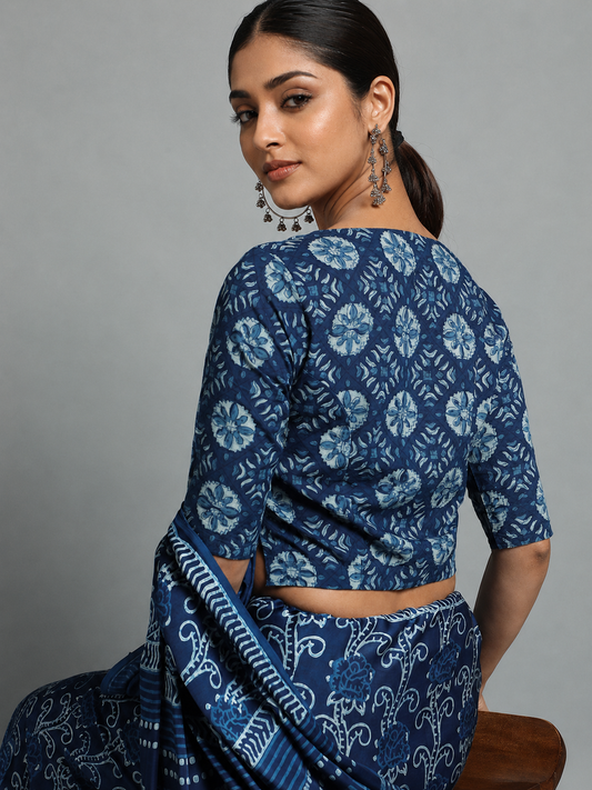 Indigo Dyed Dabu Printed Short Sleeve Blouse