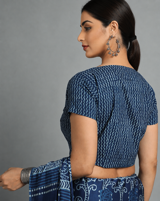 Indigo Dyed Dabu Printed Short Sleeve Blouse