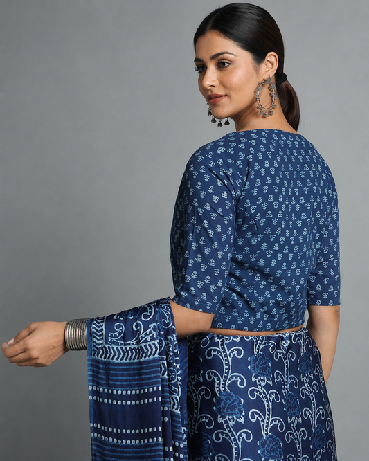 Indigo Dyed Dabu Printed Short Sleeve Blouse