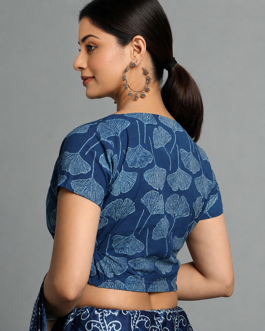 Indigo Dyed Dabu Printed Short Sleeve Blouse