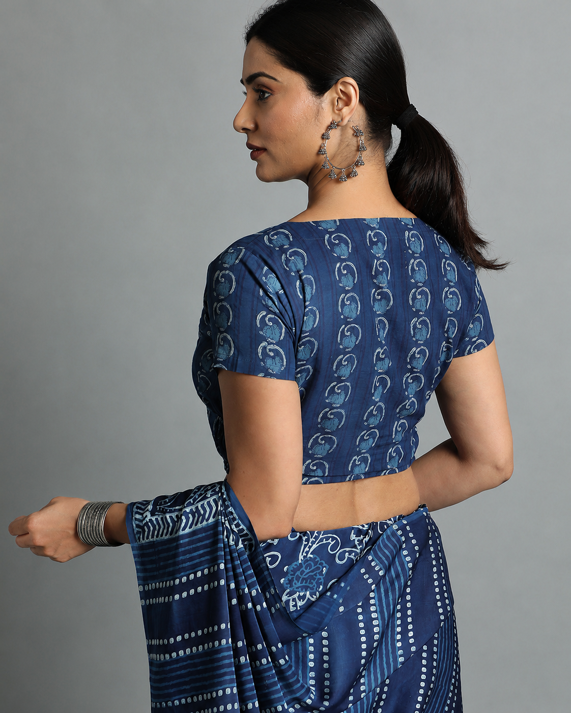Indigo Dyed Dabu Printed Short Sleeve Blouse
