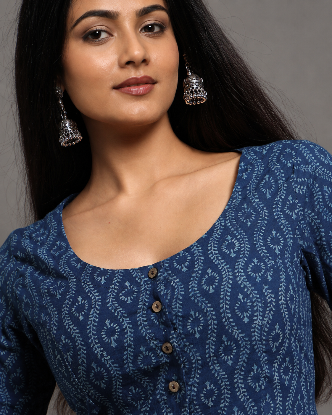 Indigo Dyed Dabu Printed Full Sleeve Blouse