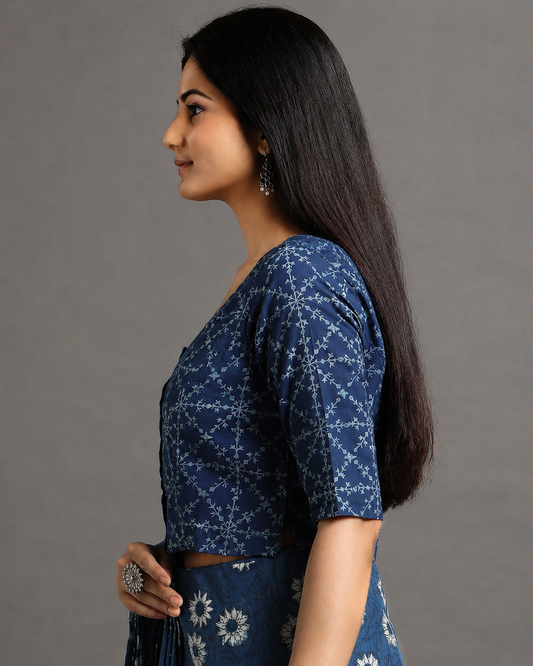 Indigo Dyed Dabu Printed Full Sleeve Blouse