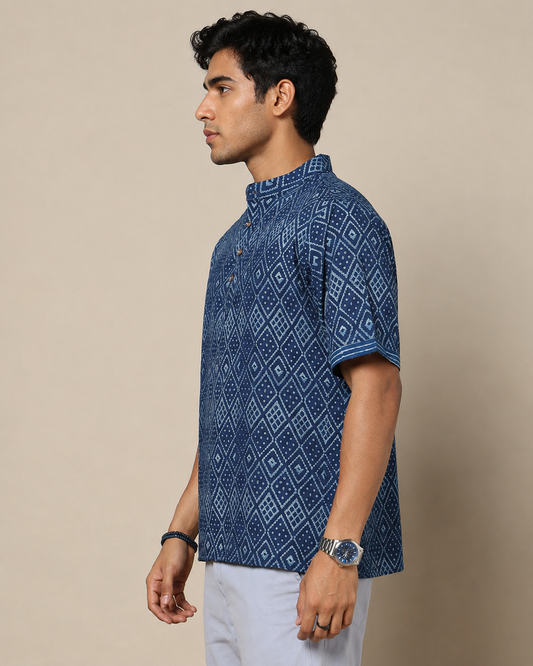 Men's Dabu Printed Indigo Dyed Short Kurta