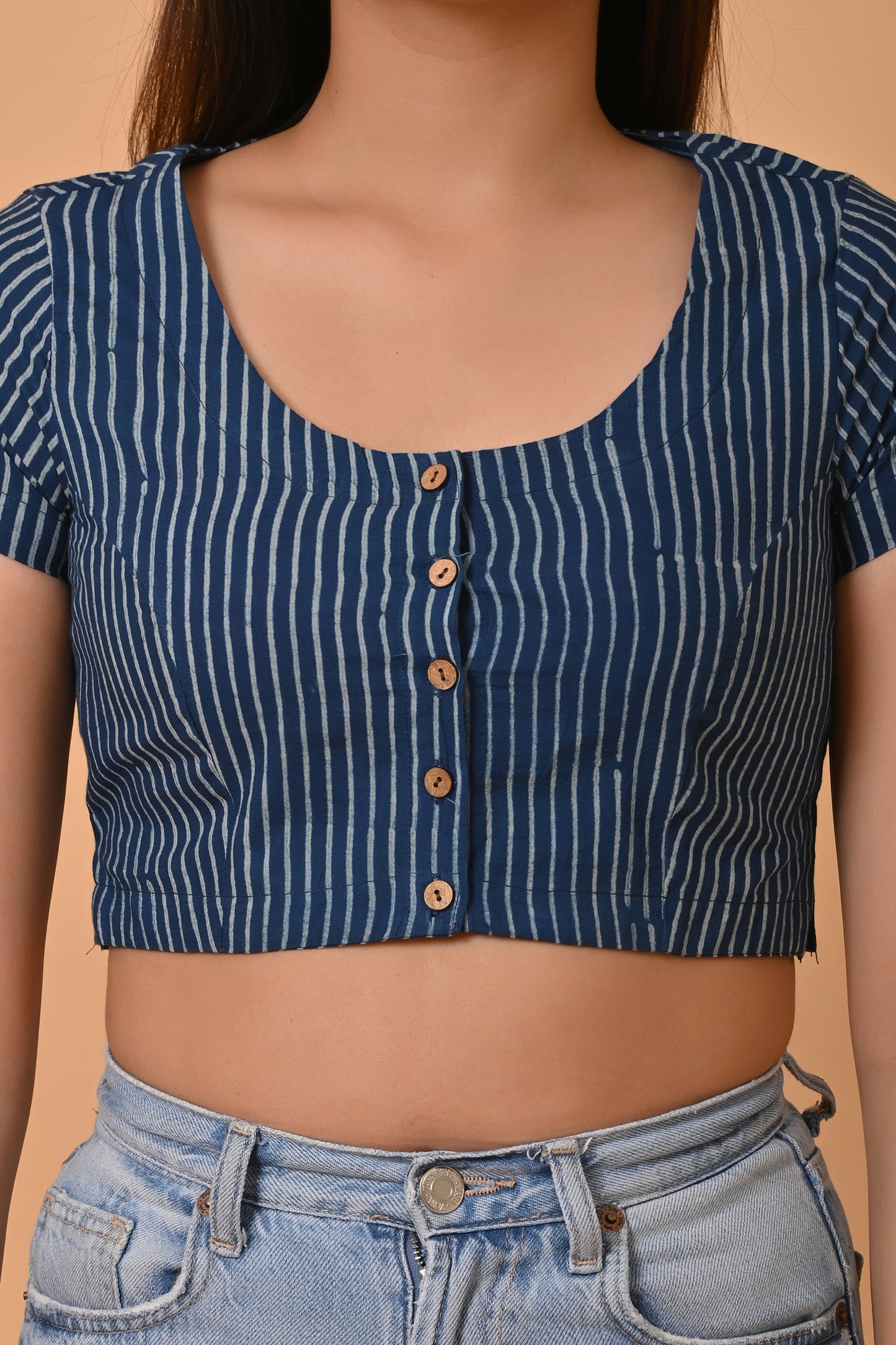Indigo Dyed Dabu Printed Short Sleeve Blouse