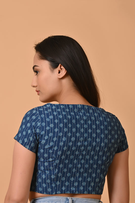 Indigo Dyed Dabu Printed Short Sleeve Blouse