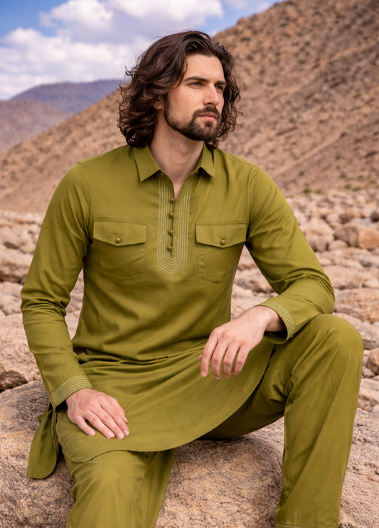 Dhurandhar Inspired Mehandi Green Pathani Kurta Set
