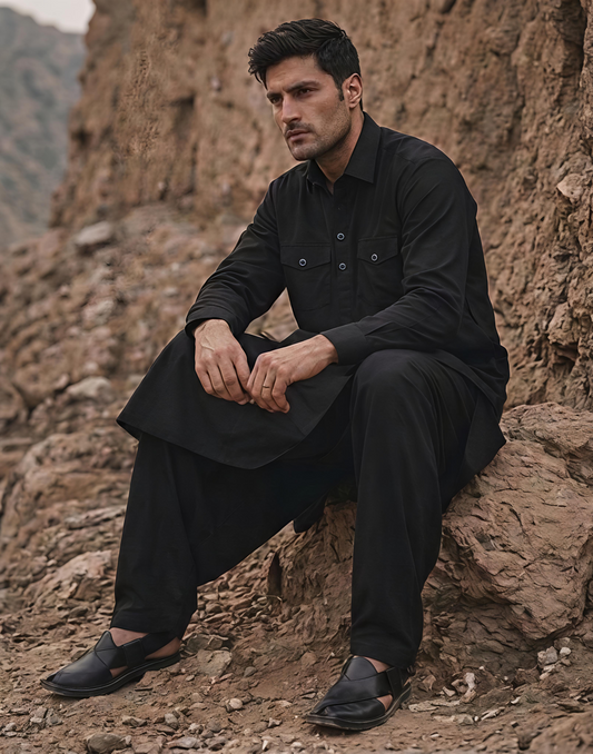 Dhurandhar Inspired Black Pathani Kurta Set