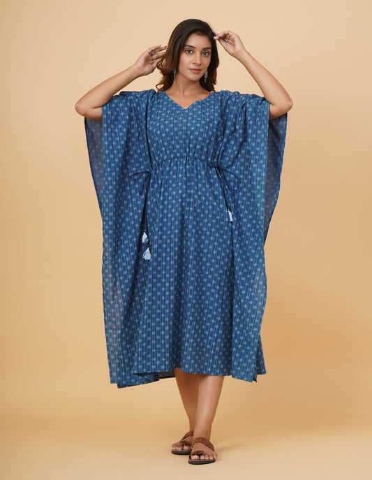Natural Indigo Dyed Dabu Printed Cotton Long Kaftan Dress