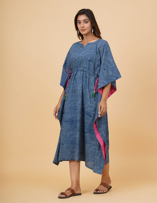 Natural Indigo Dyed Dabu Printed Cotton Long Kaftan Dress (Copy)